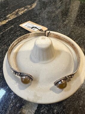 Silver-Tone Open Cuff Bracelet with Yellow Cabochon Accents